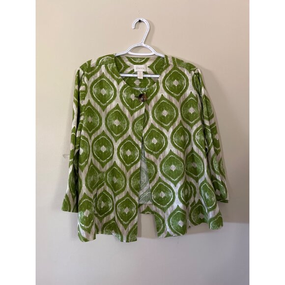 Chico's Womens Size 3 US Size 16 Green Ikat Linen Blazer Jacket One Button Pocke - Picture 1 of 6